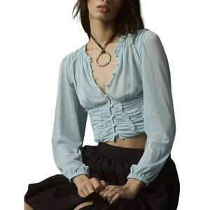 Anthropologie Top Long-Sleeve Femme Ruched Cropped Blue Sz XS NWT